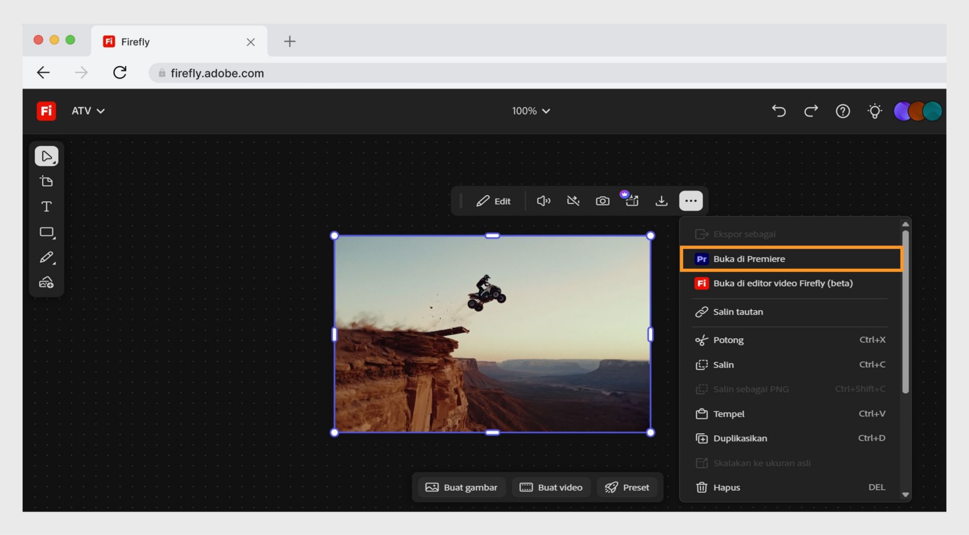 Tombol Buka di desktop Premiere memungkinkan Anda membuka file di Adobe Premiere.