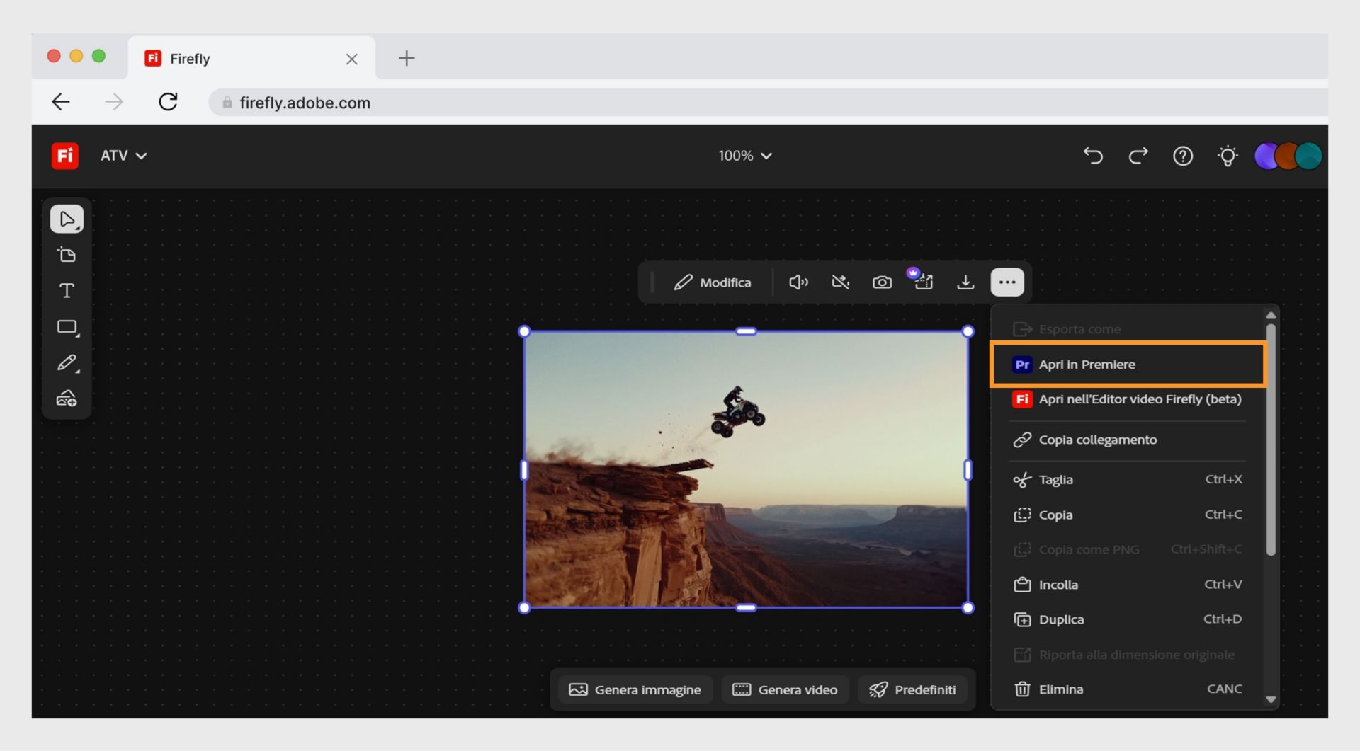 Il pulsante Apri in Premiere desktop ti permette di aprire il file in Adobe Premiere.