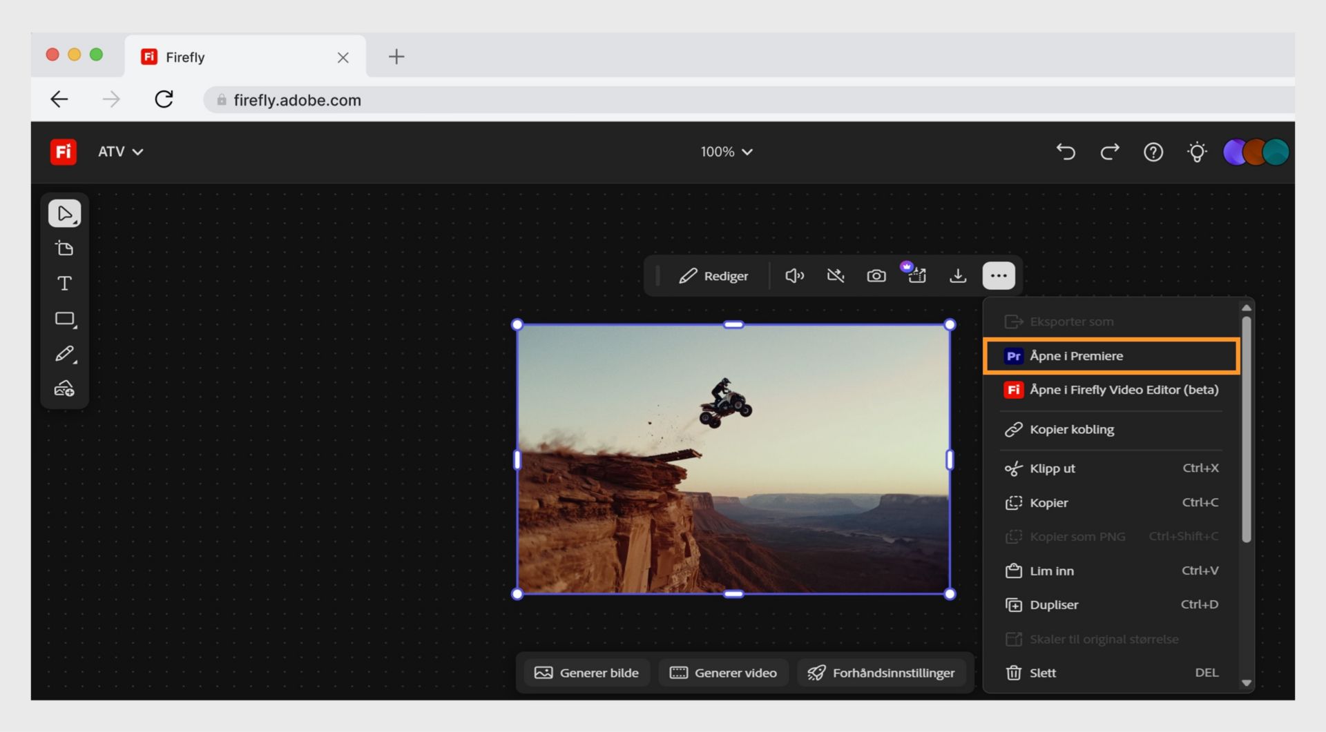 Knappen Åpne i Premiere på datamaskin lar deg åpne filen i Adobe Premiere.