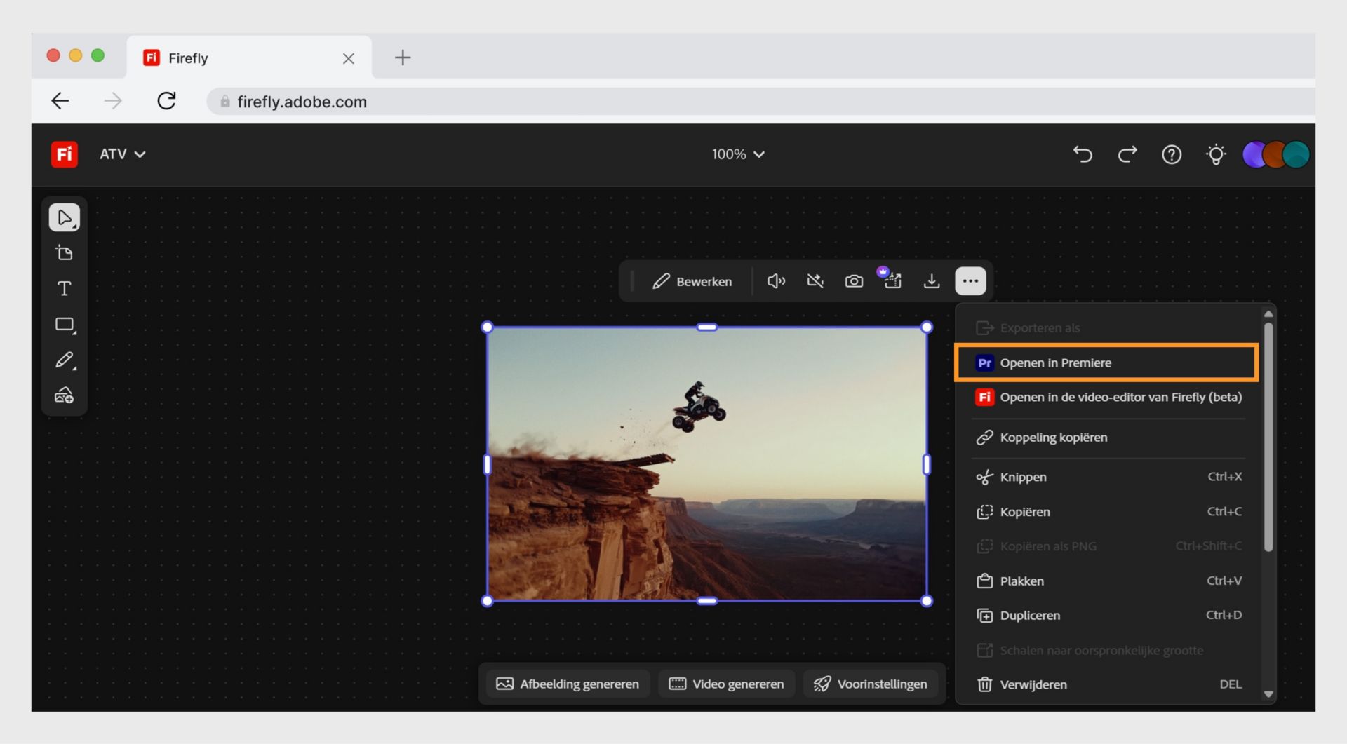 Met de knop Openen in Premiere desktop kun je je bestand openen in Adobe Premiere.