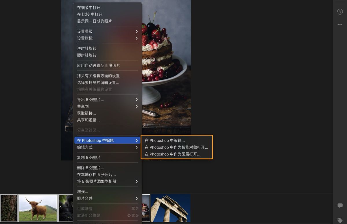“在 photoshop 中编辑”选项处于选中状态并在 Lightroom 中突出显示。