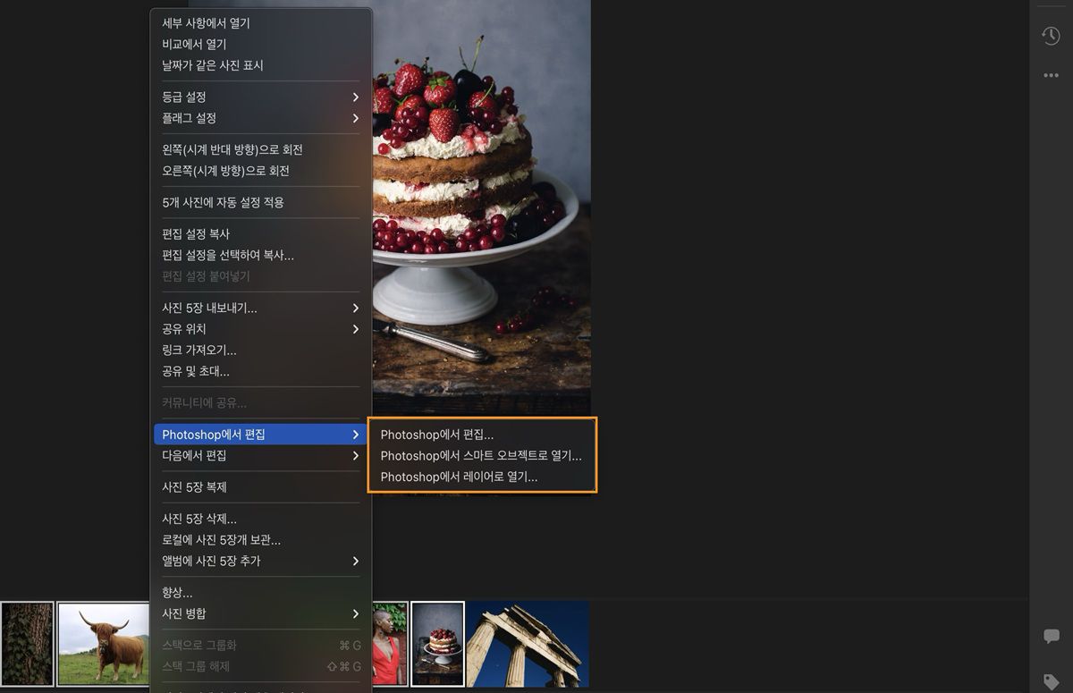 Lightroom에서 Photoshop의 편집 옵션이 선택되고 강조 표시됨