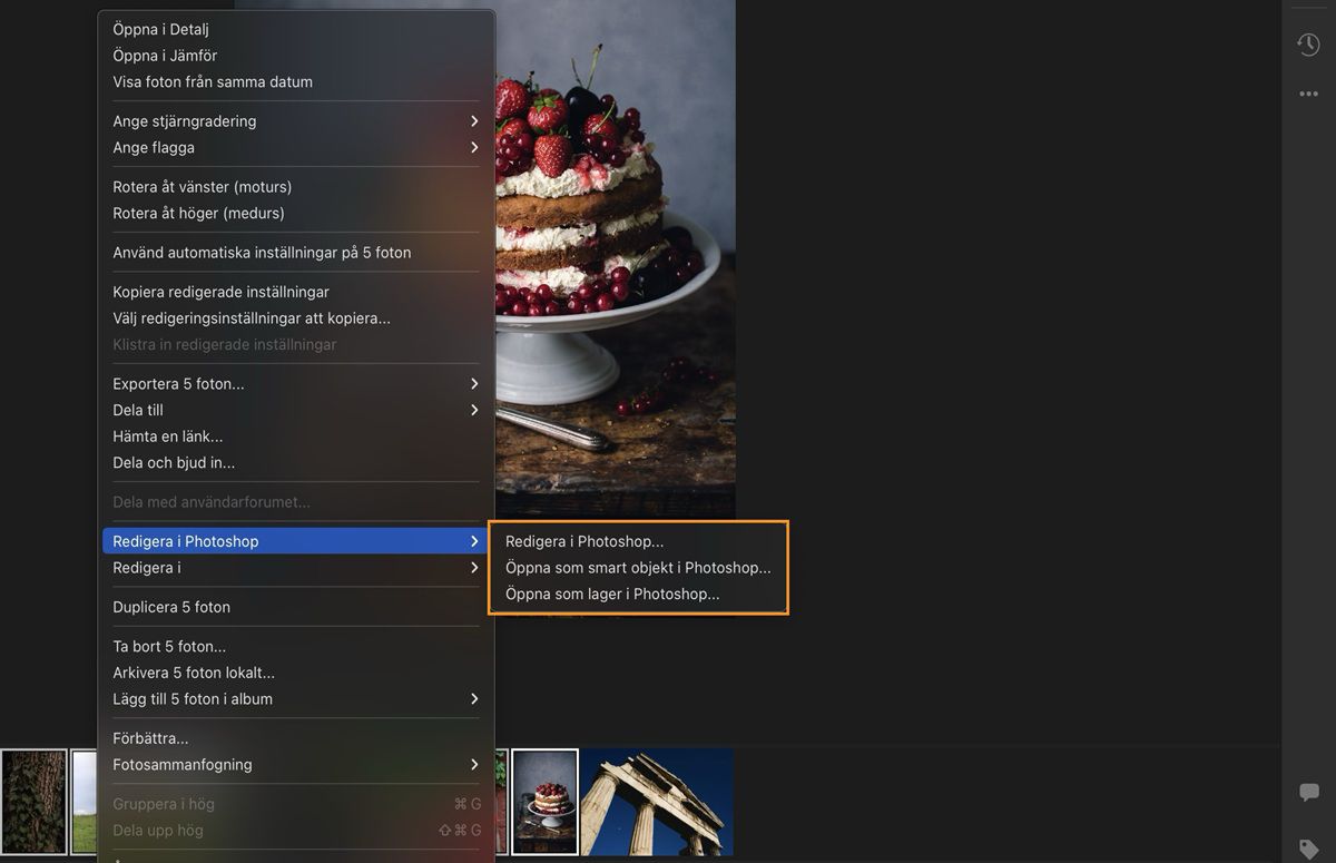 alternativ för Redigera i Photoshop är valda och markerade i Lightroom.