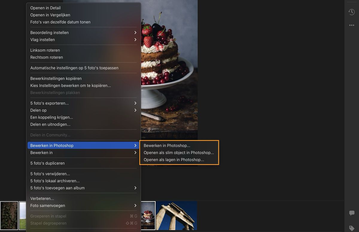 opties voor bewerken in photoshop zijn geselecteerd en gemarkeerd in Lightroom.