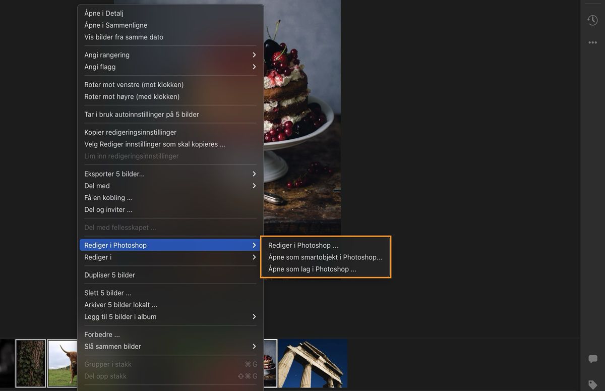Alternativer for redigering i Photoshop er valgt og uthevet i Lightroom.