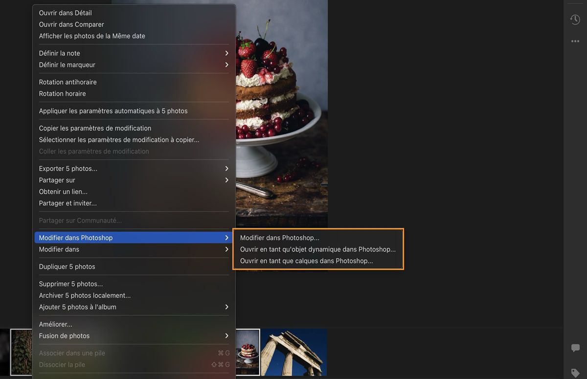 les options de modification dans Photoshop sont sélectionnées et en surbrillance dans Lightroom.