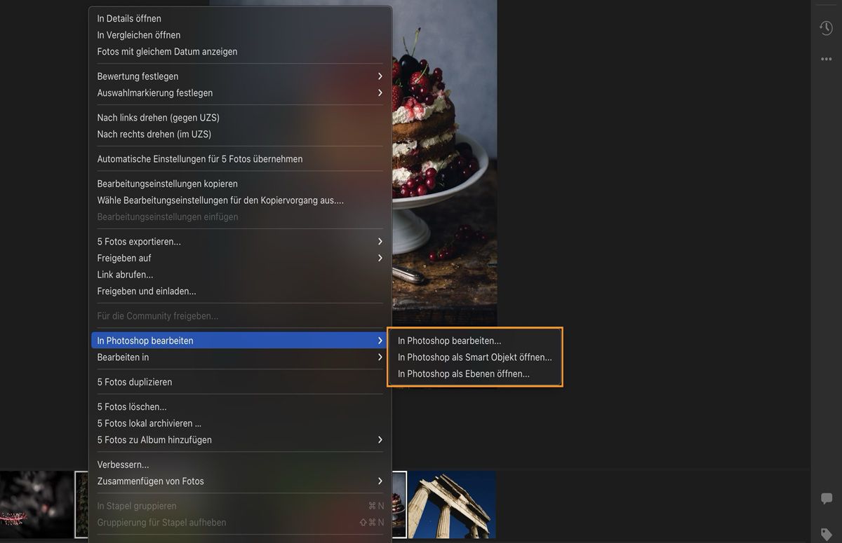 Die Optionen „In Photoshop bearbeiten“ sind in Lightroom ausgewählt und hervorgehoben.