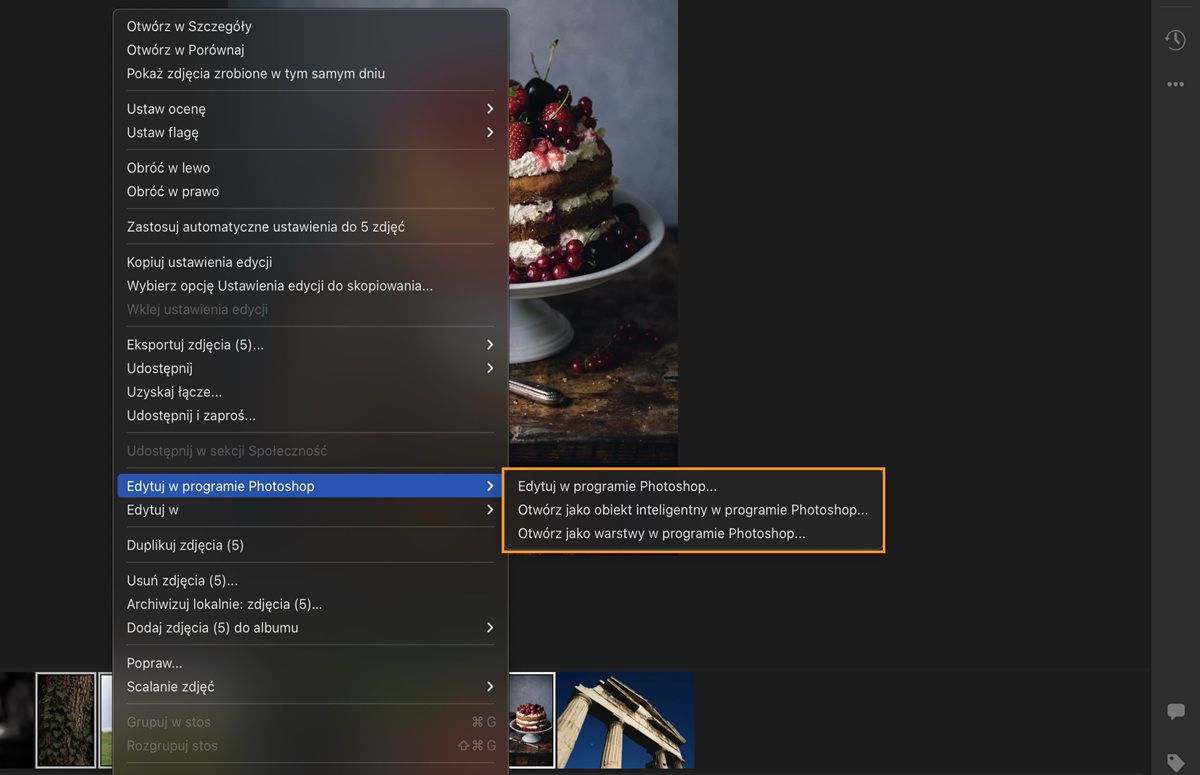 wybrane i podświetlone opcje edycji w programie Photoshop w programie Lightroom.