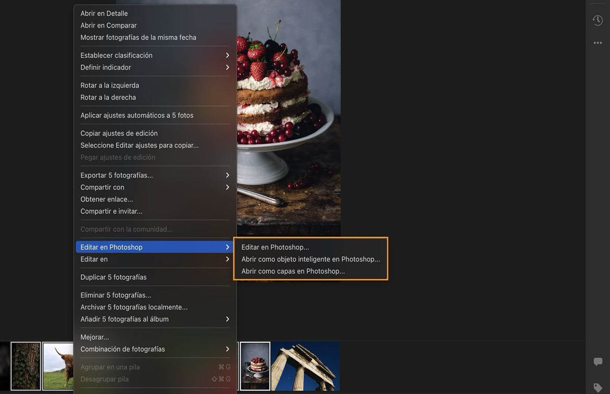 las opciones de edición en Photoshop se seleccionan y resaltan en Lightroom.