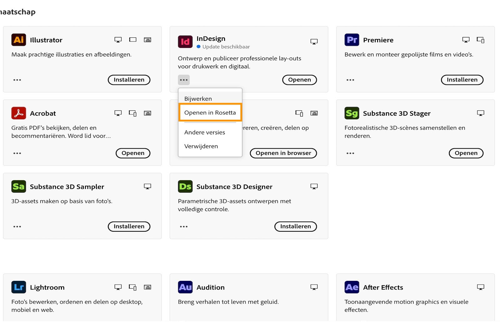 screenshot met de optie om InDesign te openen in Rosetta.