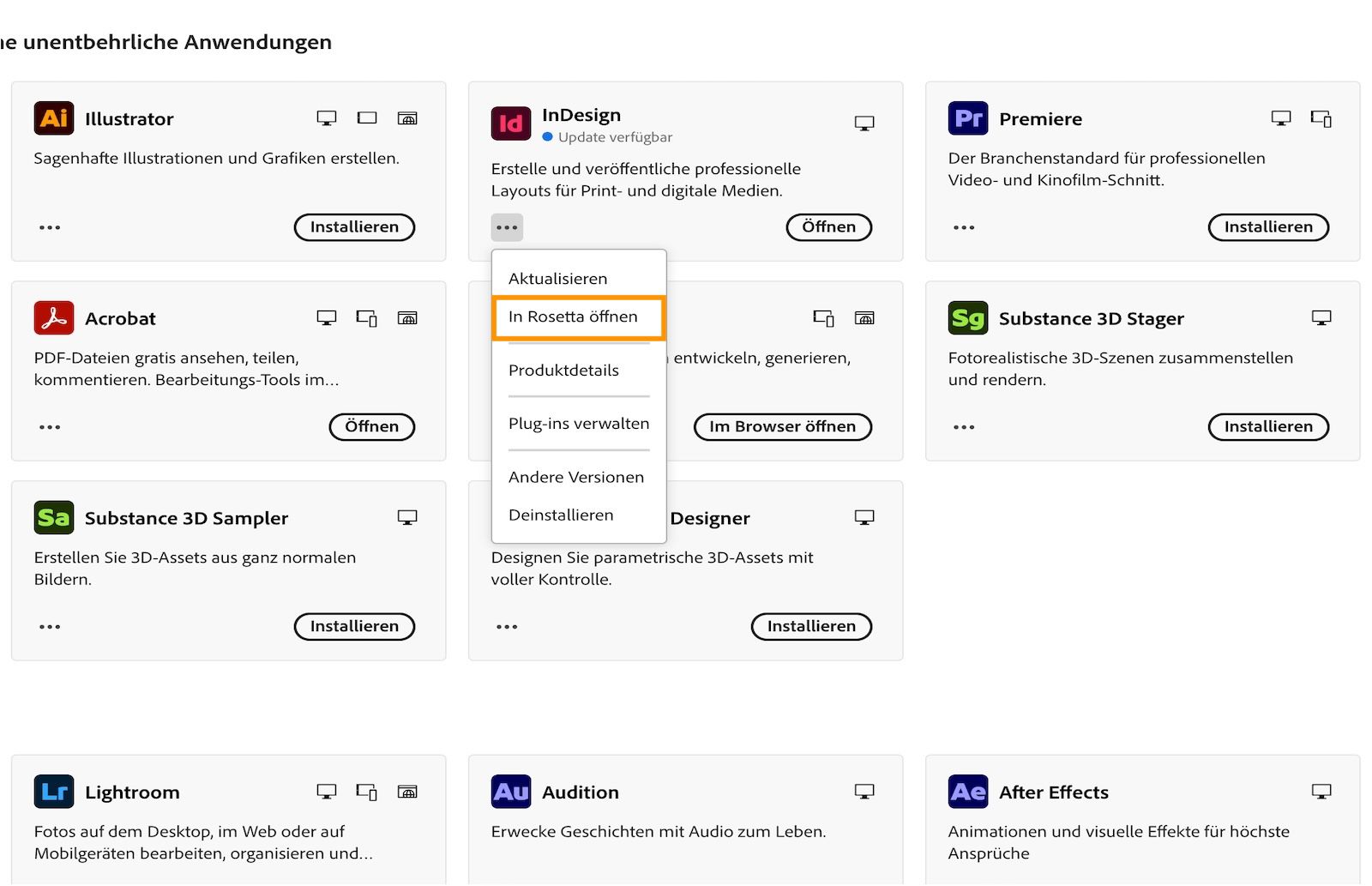 Screenshot, der die Option zum Öffnen von InDesign in Rosetta zeigt.