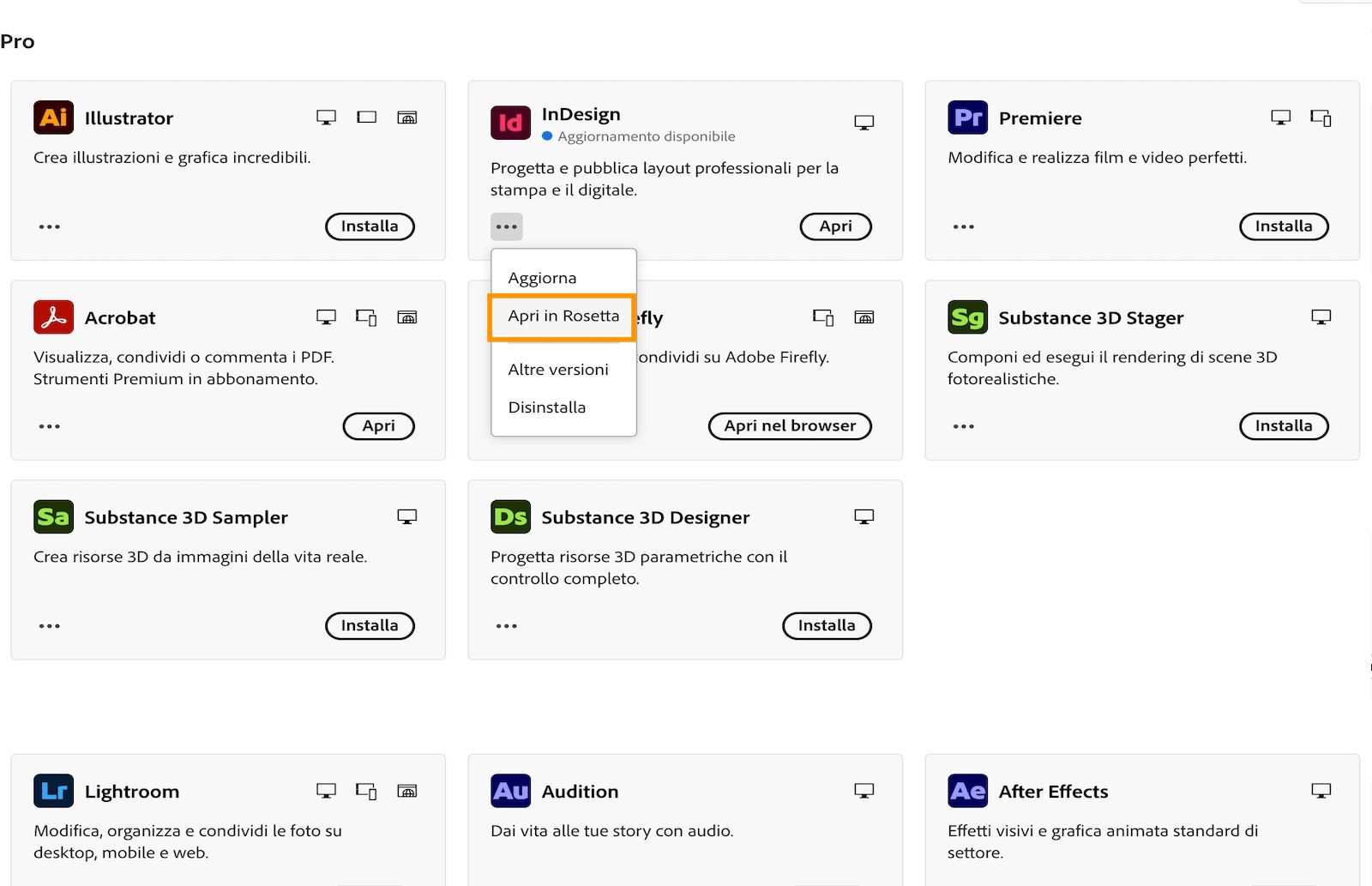 Schermata che mostra l'opzione per aprire InDesign in Rosetta.