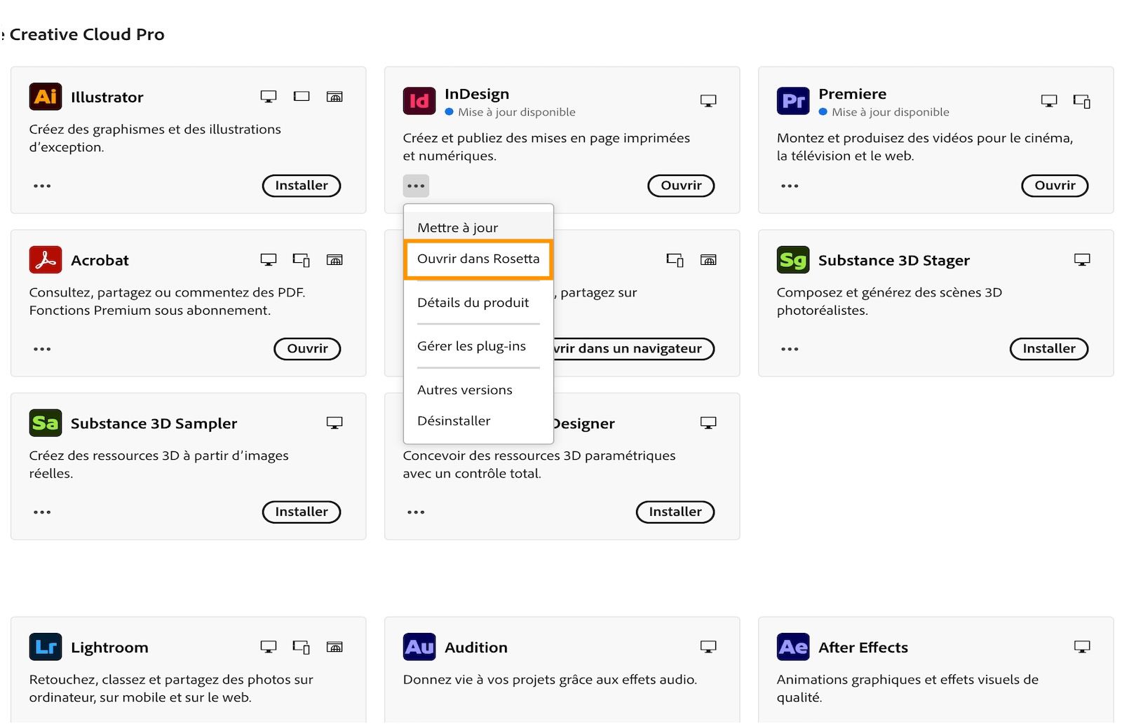 Capture d’écran montrant l’option pour ouvrir InDesign dans Rosetta.