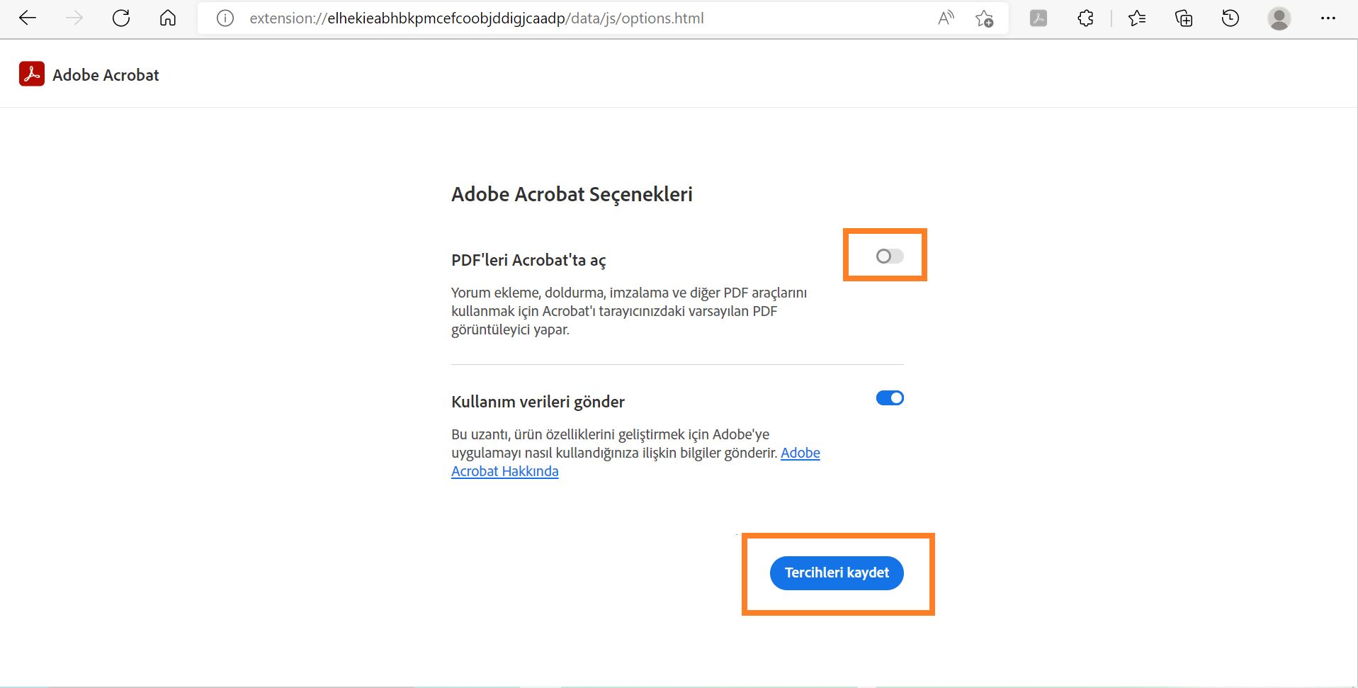PDF'leri Acrobat'ta açma ayarı