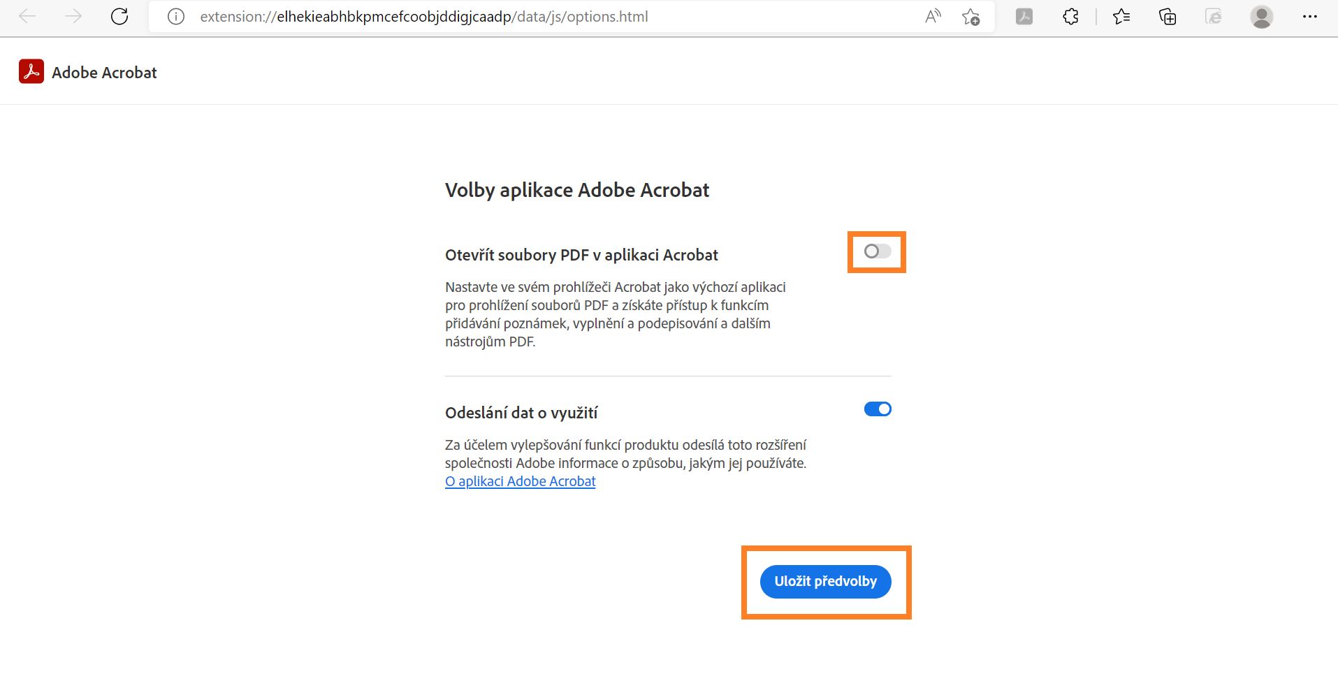 Otevírání souborů PDF v nastavení aplikace Acrobat