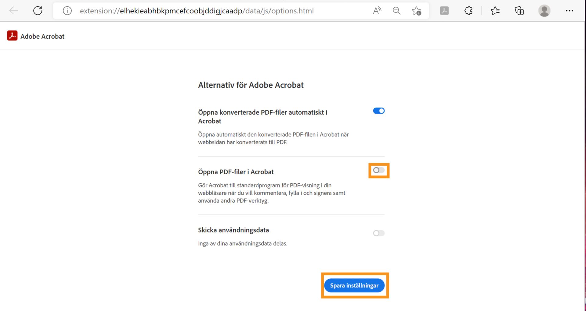 Inställningen Öppna PDF-filer i Acrobat
