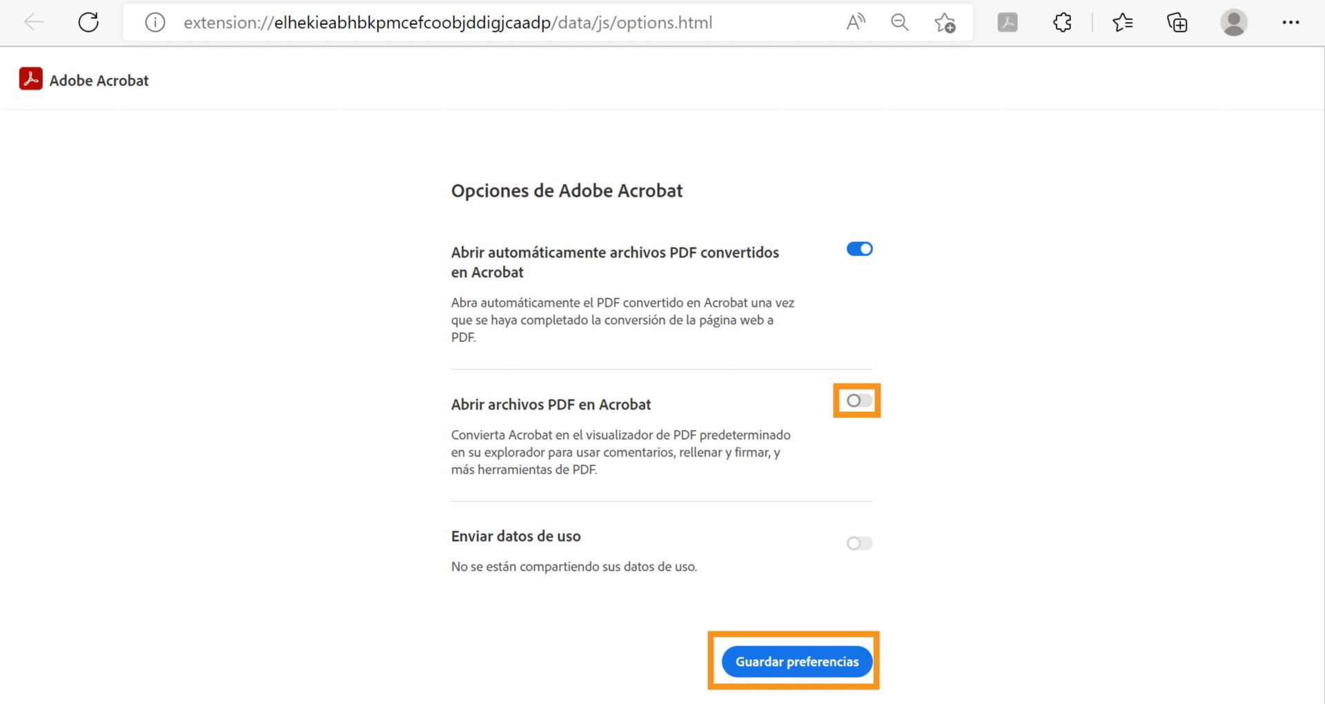 Abrir archivos PDF en la configuración de Acrobat