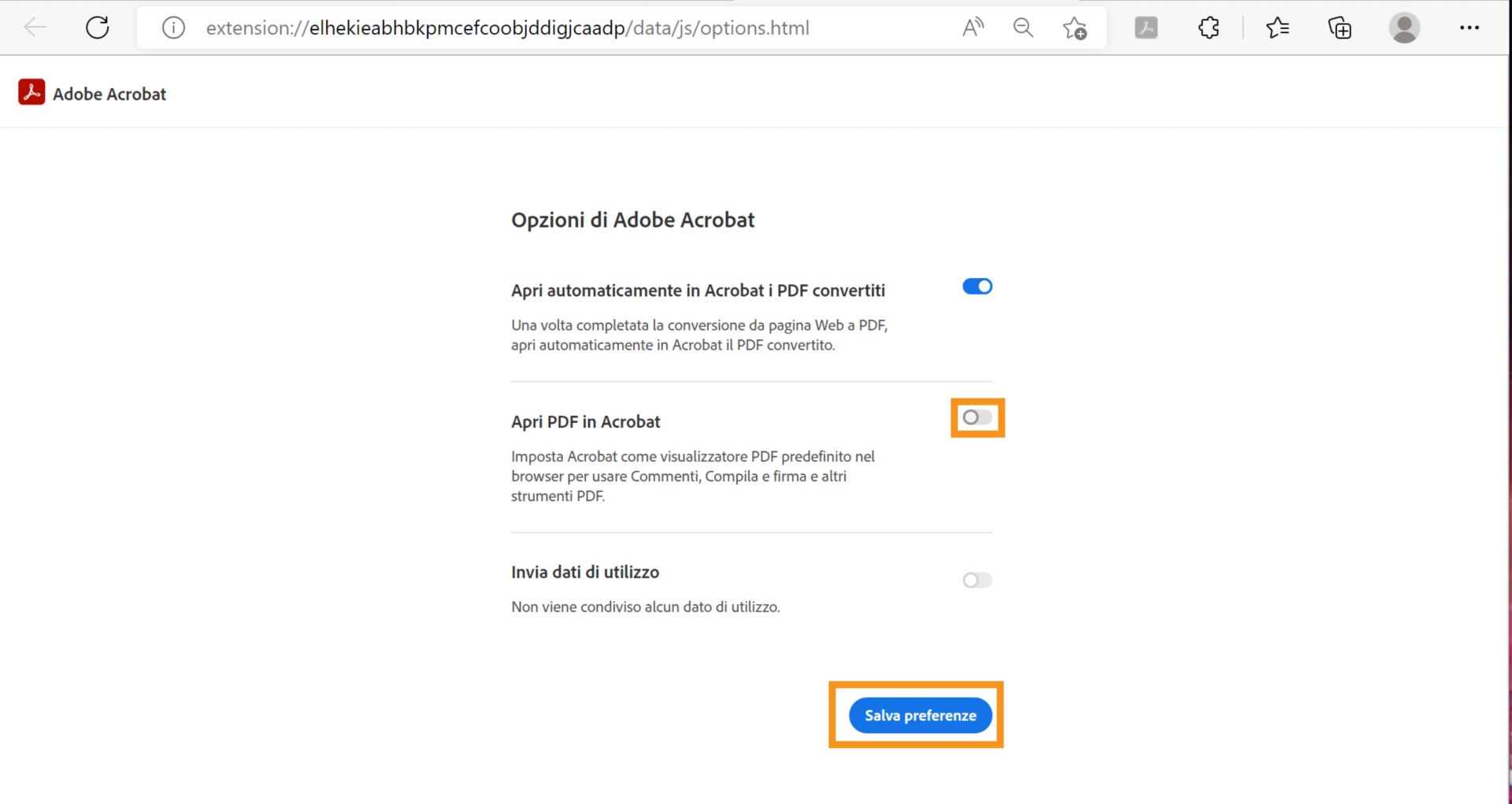 Impostazione “Apri PDF in Acrobat”