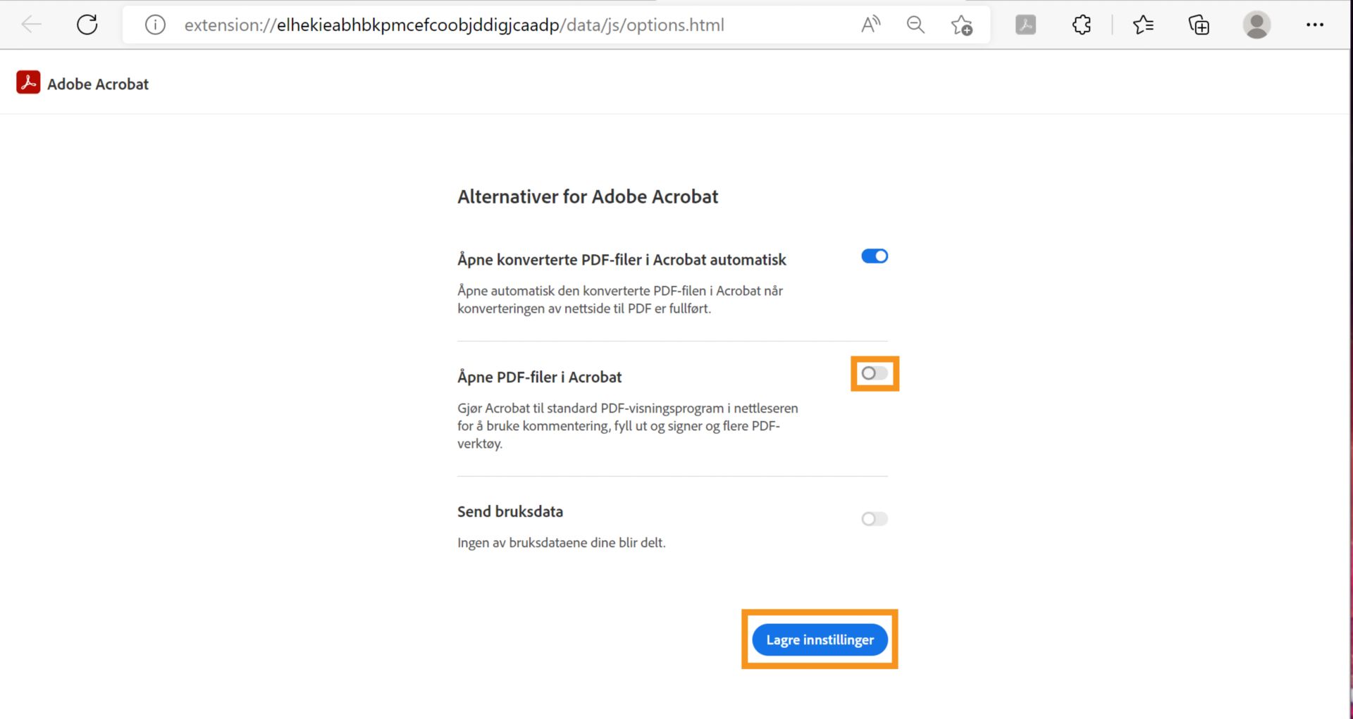 Åpne PDF-filer i Acrobat-innstillinger