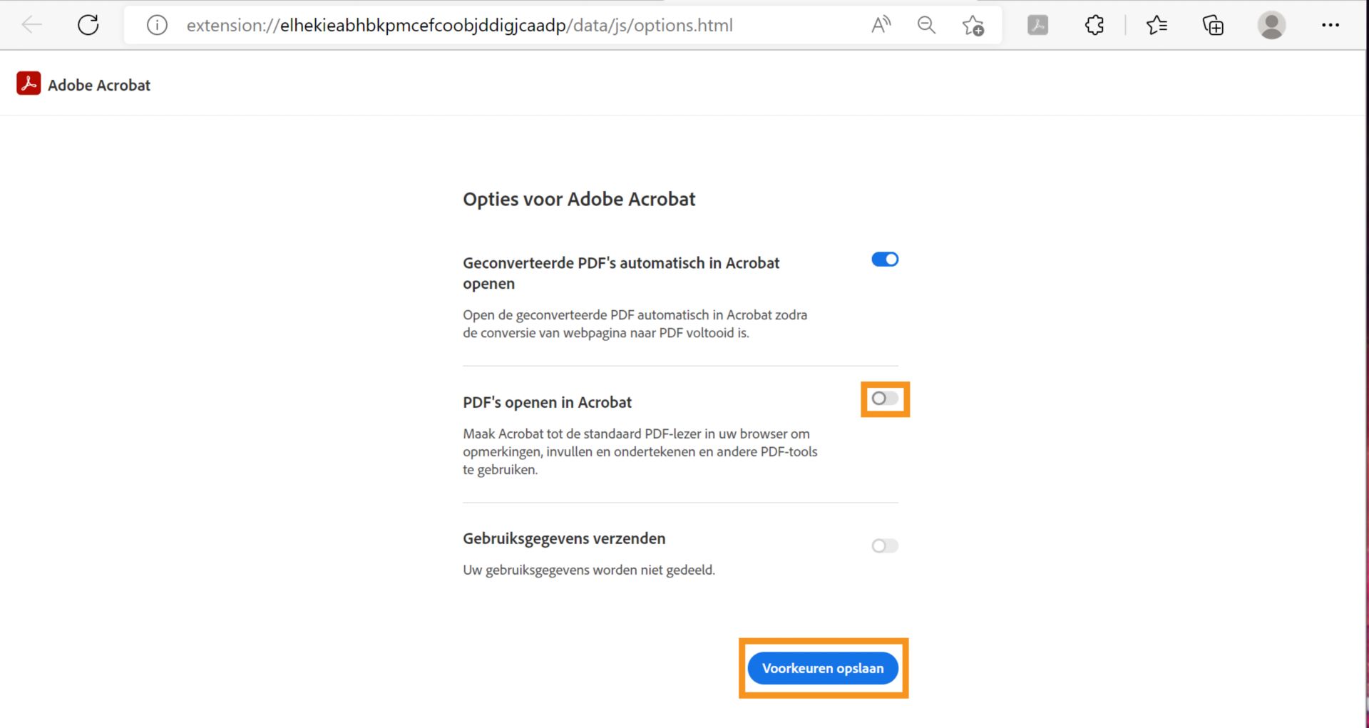 PDF's openen in Acrobat-instelling