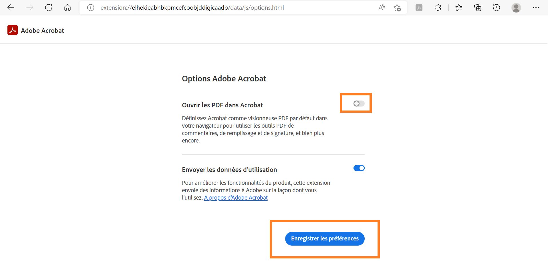 Ouverture des PDF dans les paramètres d’Acrobat