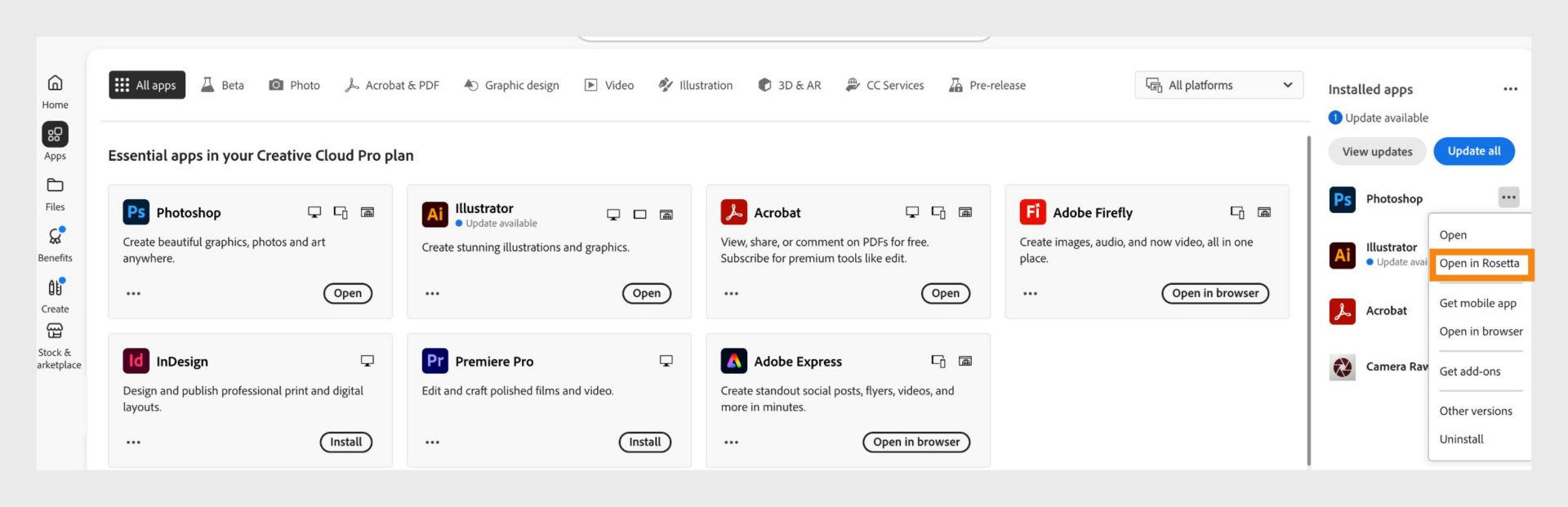 تعرض لوحة Installed apps في علامة التبويب Apps القائمة المنسدلة More options. مع خيارات مثل: Open وOpen in Rosetta وView product details وUninstall وغير ذلك الكثير. 