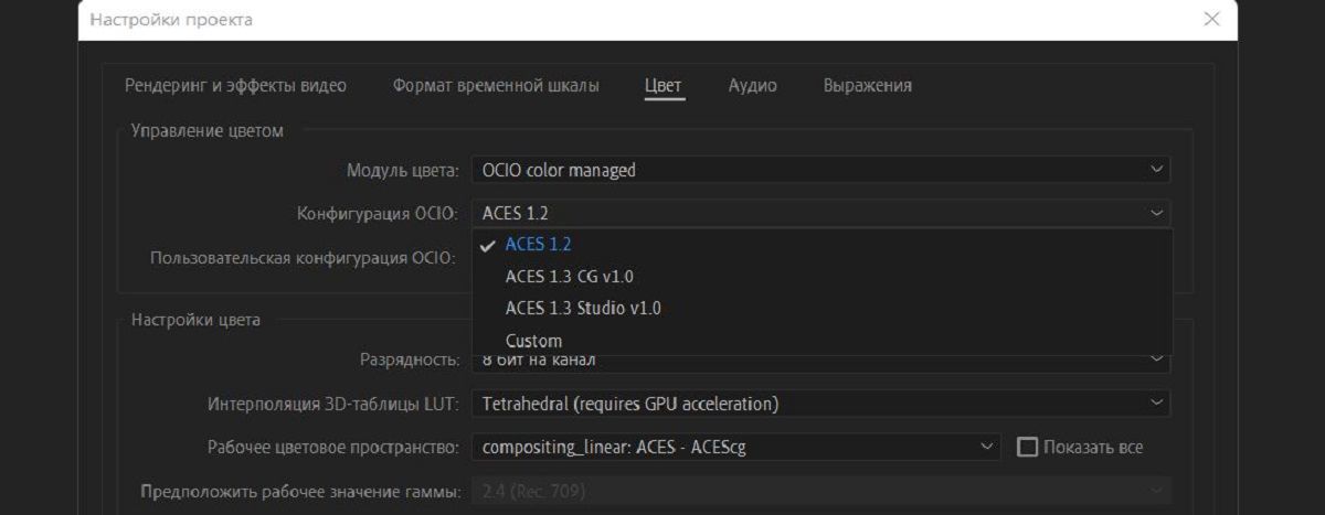 Управление цветом OpenColorIO и ACES в After Effects