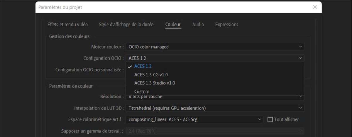 Gestion des couleurs OpenColorIO et ACES dans After Effects