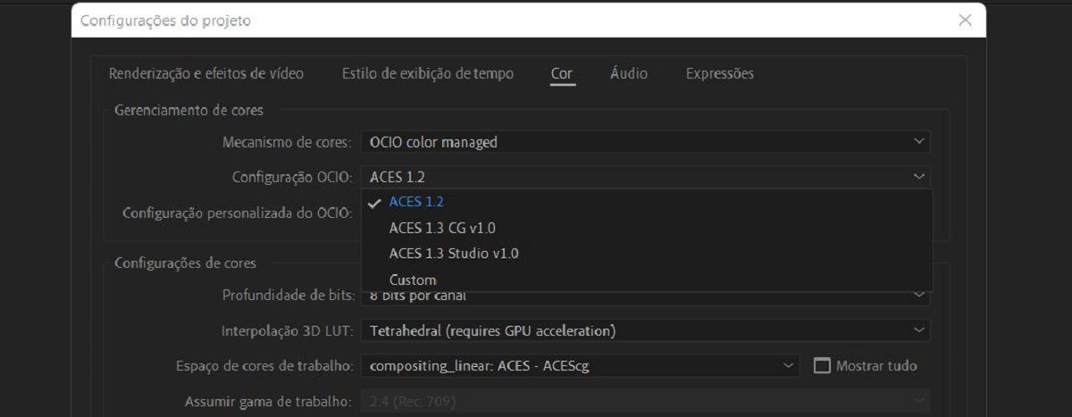 Gerenciamento de cores OpenColorIO e ACES no After Effects