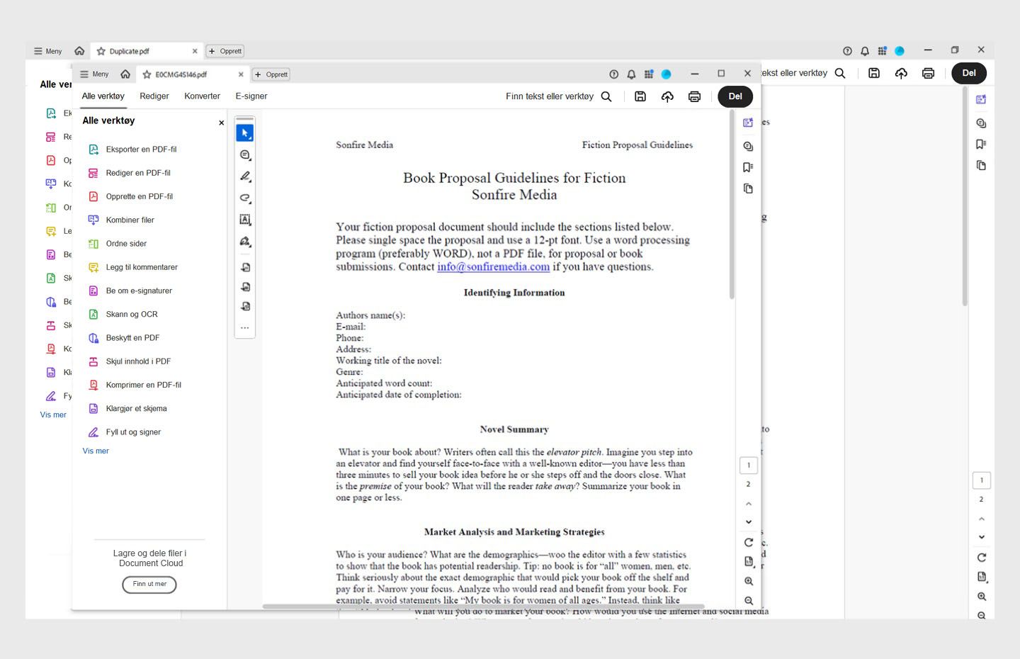 Dokumentet åpnes i nytt vindu i Acrobat