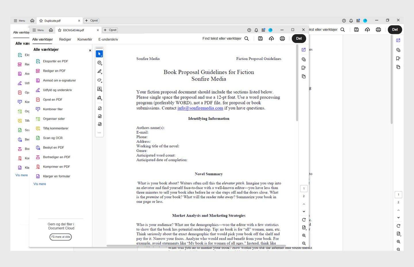 Dokumentet åbnes i et nyt vindue i Acrobat