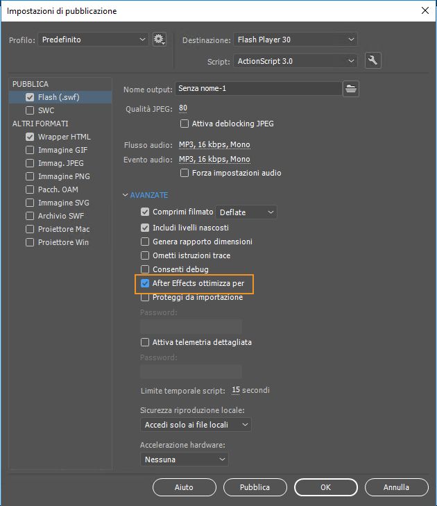 Impostazioni pubblicazione