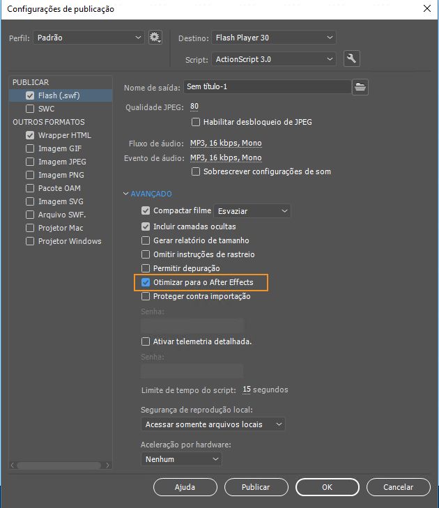 Configurações de publicação