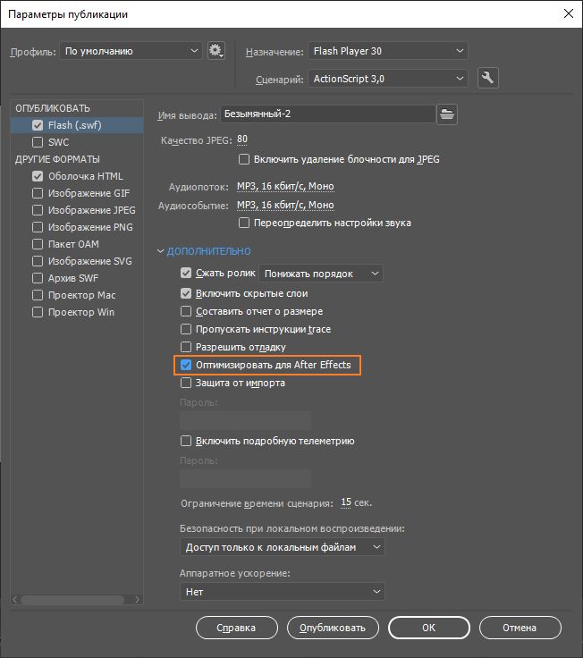 Параметры публикации