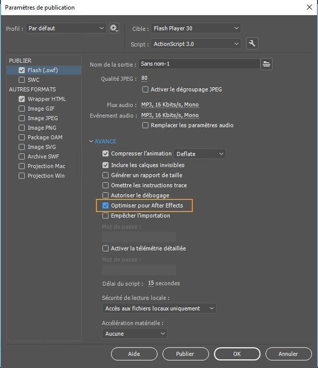Paramètres de publication
