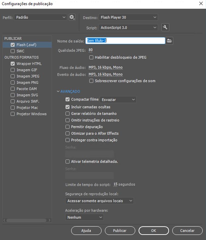 Configurações de publicação