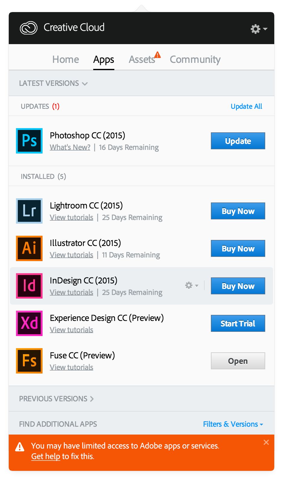 Ошибка ограниченного доступа в приложении Creative Cloud для настольных ПК