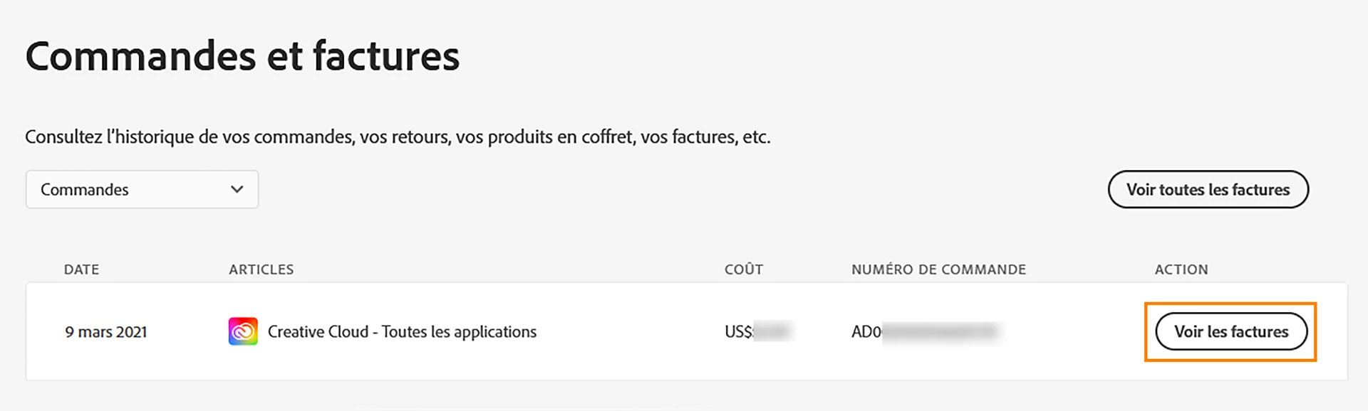 Dans la section Commandes et factures, sélectionnez Afficher les factures