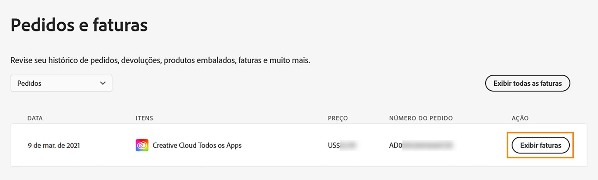 Na seção Pedidos e faturas, selecione Exibir faturas