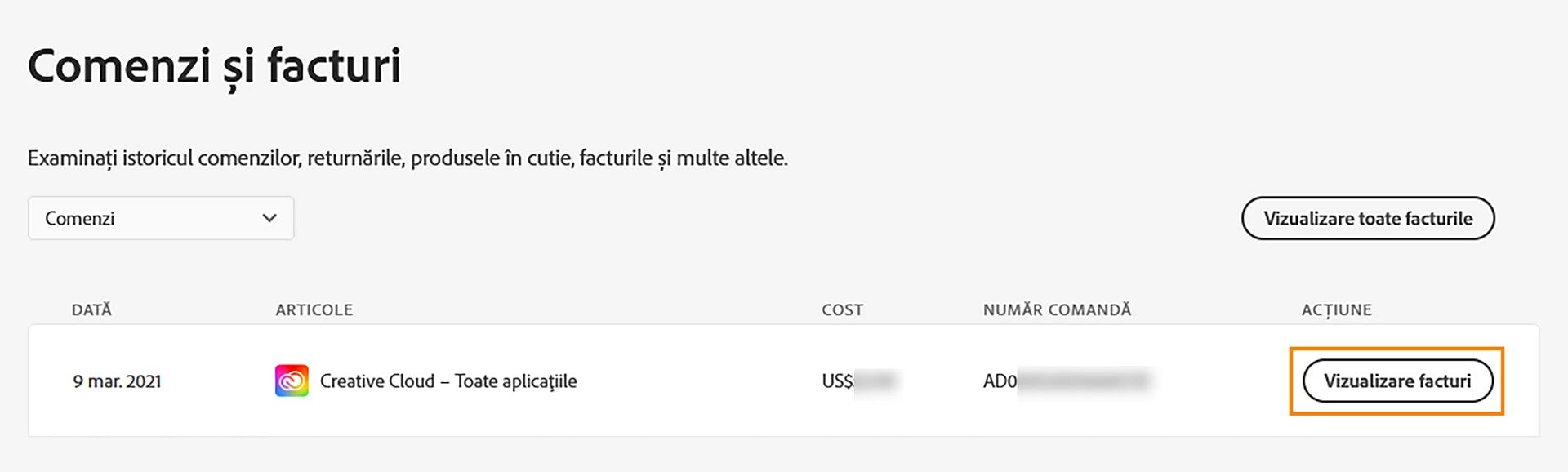 În secțiunea Comenzi și facturi, selectați Vizualizare facturi