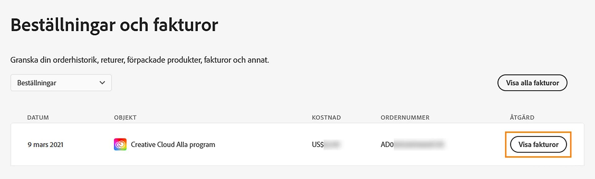 Välj Visa fakturor i avsnittet Beställningar och fakturor