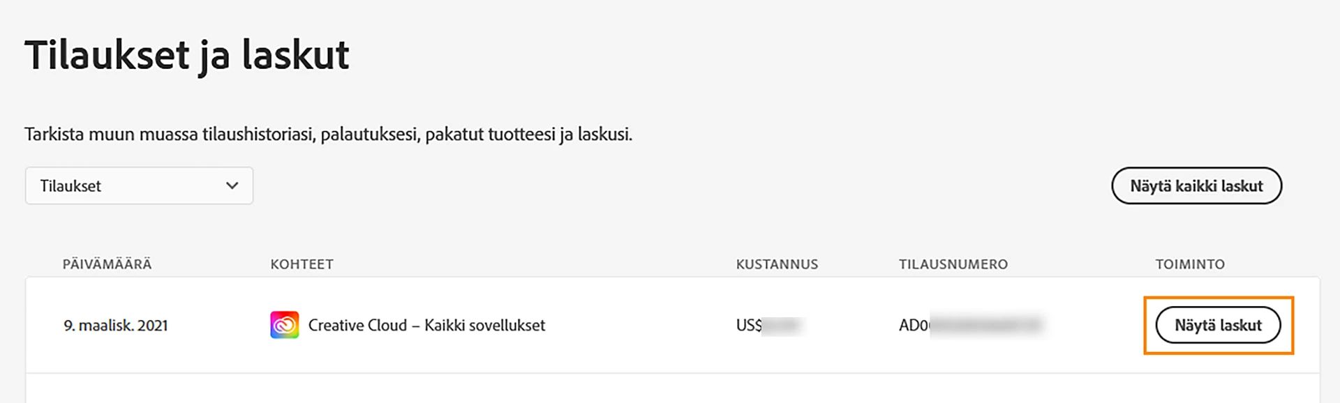 Valitse Tilaukset ja laskut ‑osiosta Näytä laskut.