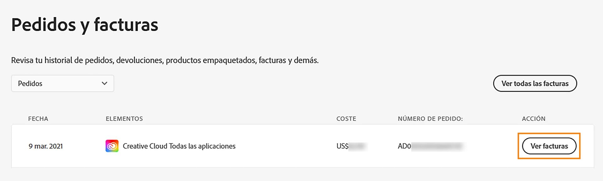 En la sección Pedidos y facturas, seleccione Ver facturas