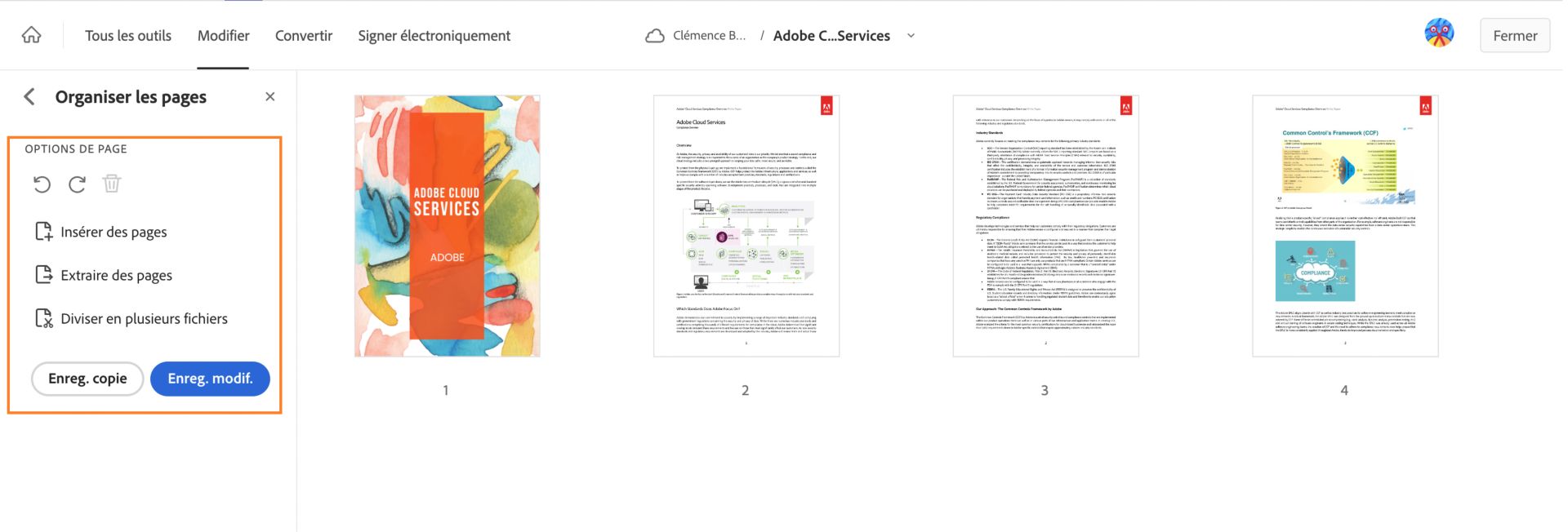 Palette d’outils Organiser les pages