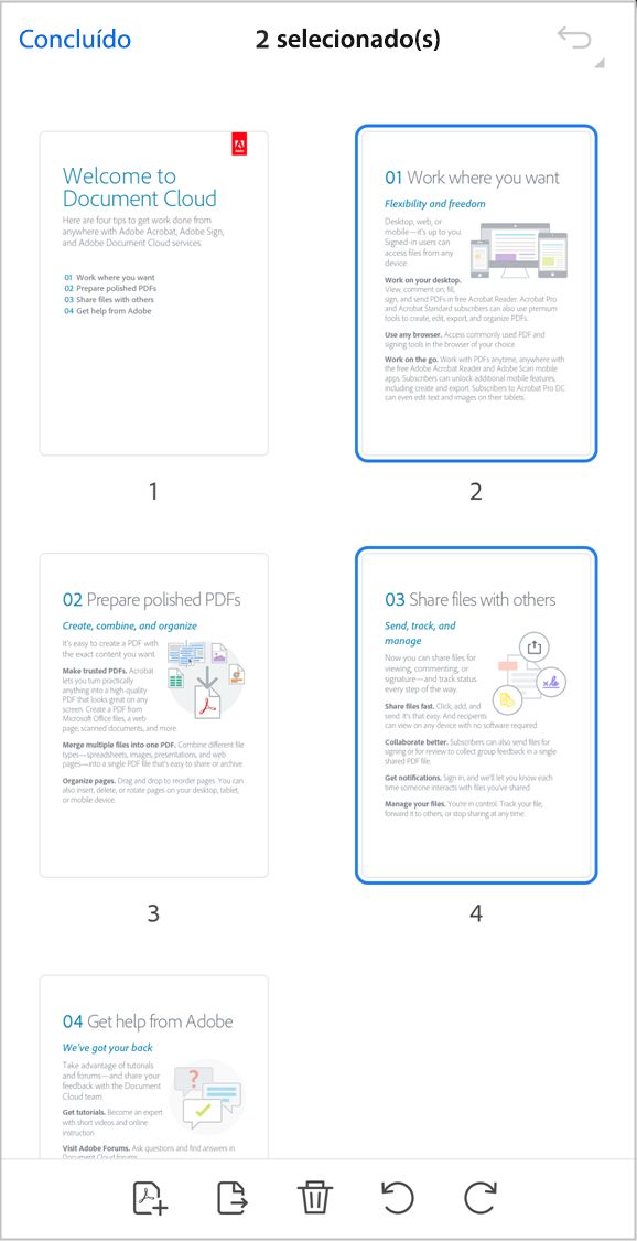 Organizar páginas de um PDF usando o aplicativo do Acrobat para iOS.