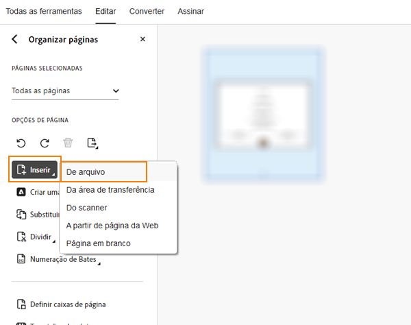 A opção Inserir do arquivo é exibida na ferramenta Organizar páginas