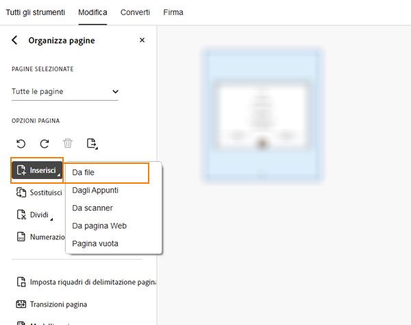 L’opzione inserisci da file viene visualizzata nella barra degli strumenti Organizza pagine