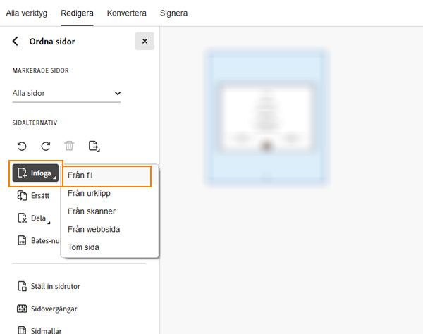 Alternativet Infoga från fil visas i verktyget Ordna sidor