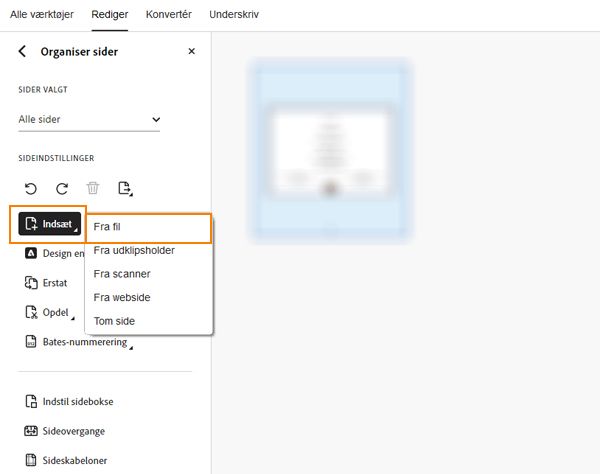 Indsæt fra filindstillingen i værktøjet Organiser sider