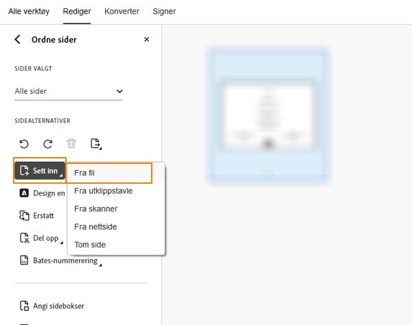 Alternativet Sett inn fra fil vises i verktøyet Ordne sider